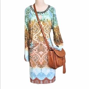 Chico’s Turquoise and Gold Medallion Print Dress